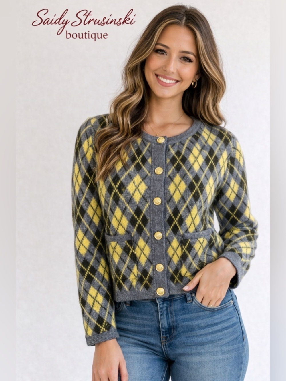 Willow & Wind Argyle Cardigan Sweater Gold Button Gray Yellow Size M NWT